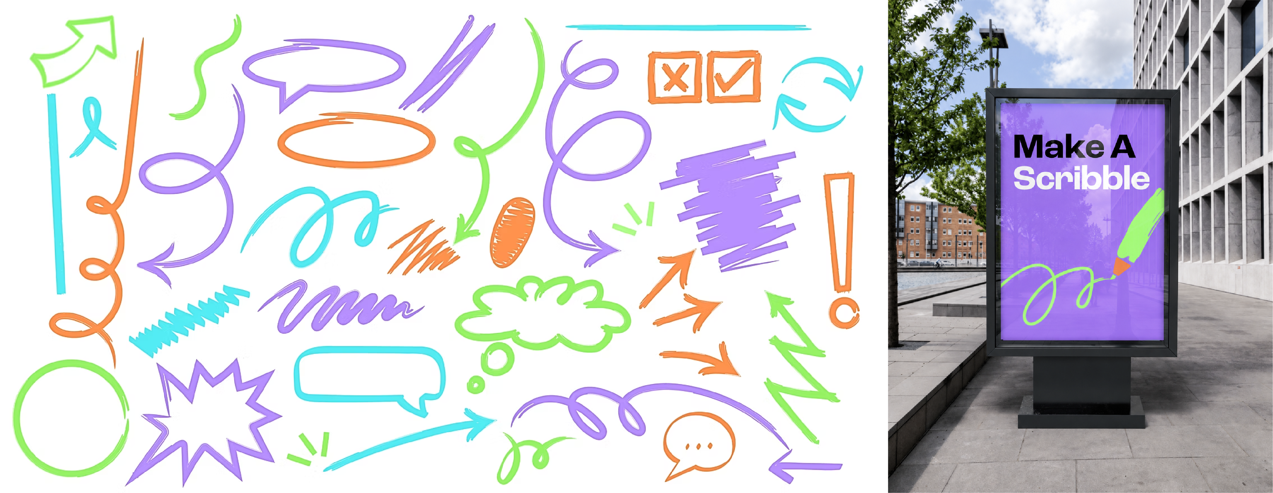 A collage of colourful hand-drawn doodles next to the 'Make A Scribble' poster displayed on a street billboard